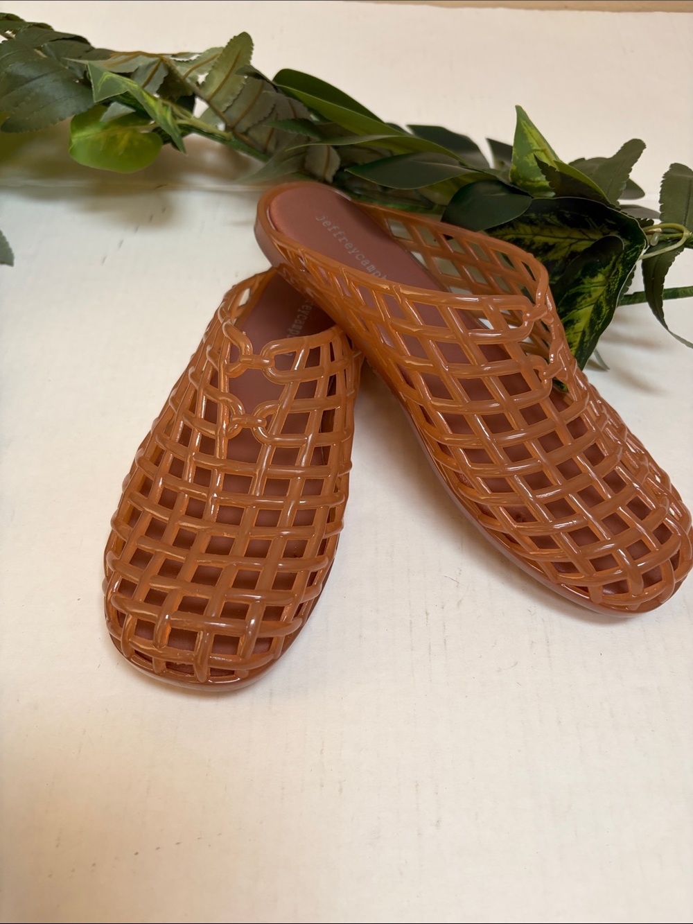 Jeffrey Campbell Woven Jelly Mules in Cognac Brown